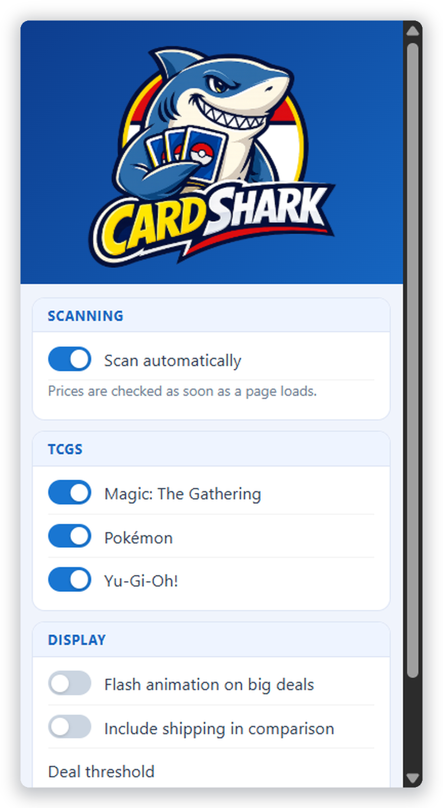 CardShark's settings popup showing toggles for Magic, Pokémon, and Yu-Gi-Oh! with a deal threshold slider