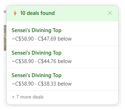 CardShark's deal summary panel listing multiple underpriced cards found on a search results page